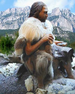 Neanderthal using stone tools at Crimean Mountains.